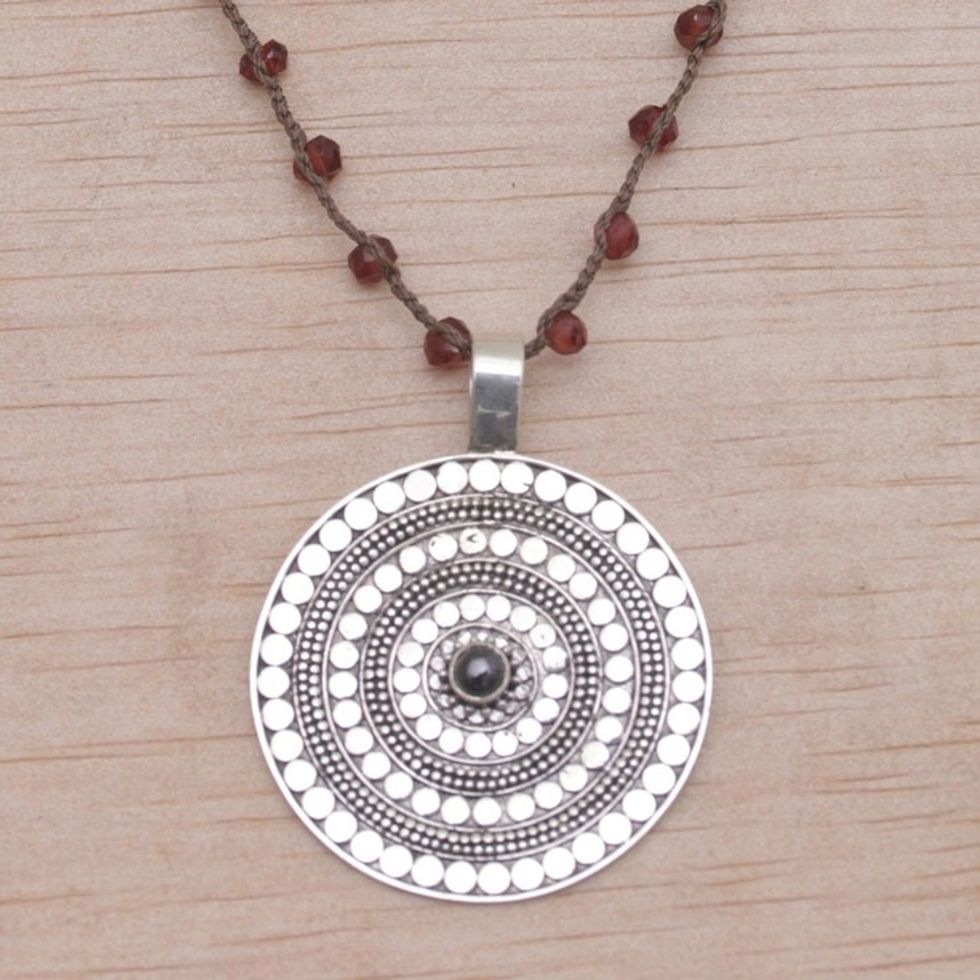 Handmade 925 Sterling Silver Garnet Cord Pendant Necklace 'Shining Shield in Red'