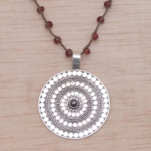 Alternate image for Handmade 925 Sterling Silver Garnet Cord Pendant Necklace Shining Shield in Red