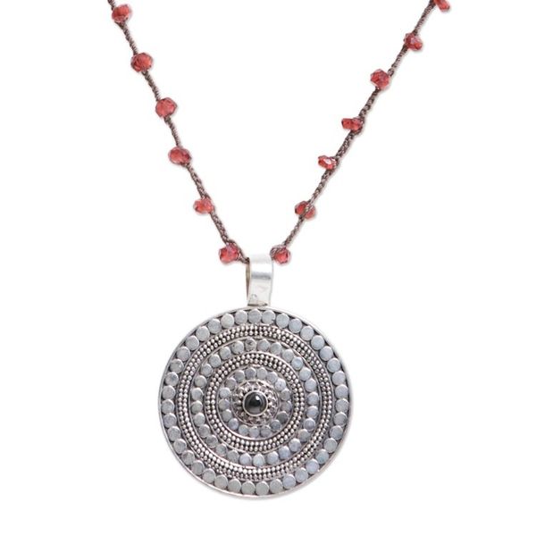 Alternate image for Handmade 925 Sterling Silver Garnet Cord Pendant Necklace Shining Shield in Red