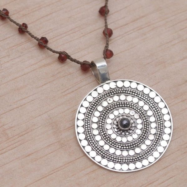 Alternate image for Handmade 925 Sterling Silver Garnet Cord Pendant Necklace Shining Shield in Red