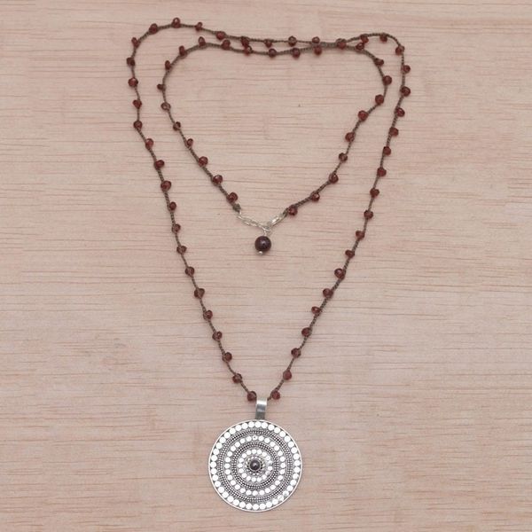 Alternate image for Handmade 925 Sterling Silver Garnet Cord Pendant Necklace Shining Shield in Red