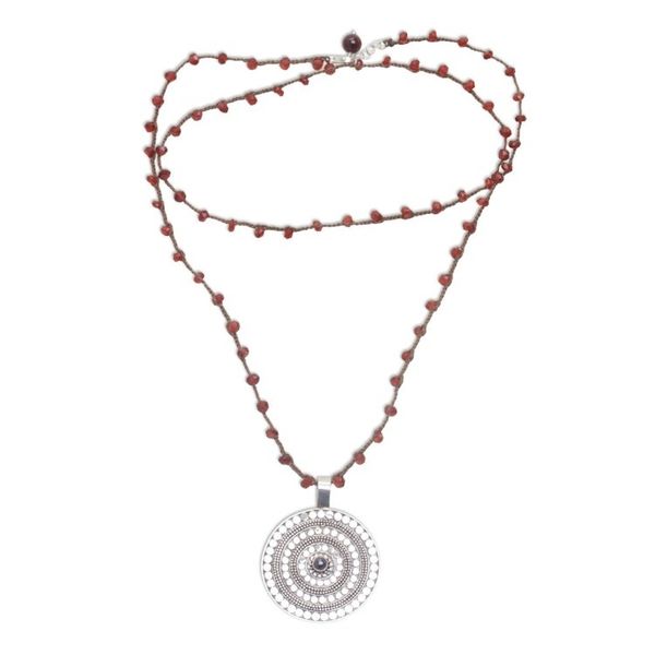 Alternate image for Handmade 925 Sterling Silver Garnet Cord Pendant Necklace Shining Shield in Red