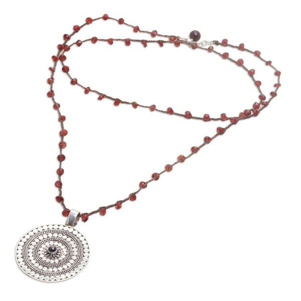 Alternate image for Handmade 925 Sterling Silver Garnet Cord Pendant Necklace Shining Shield in Red