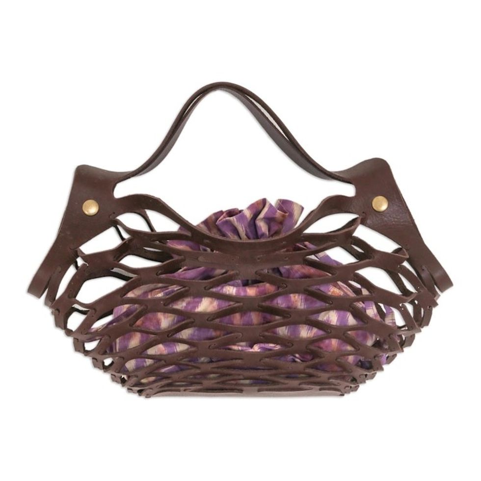 Unique Leather Shoulder Bag with Cotton Lining from Bali 'Deep Lavender Nest'