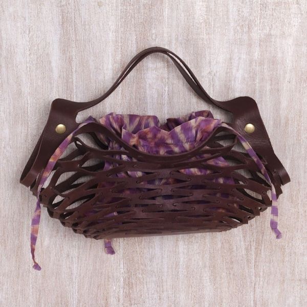 Alternate image for Unique Leather Shoulder Bag with Cotton Lining from Bali Deep Lavender Nest