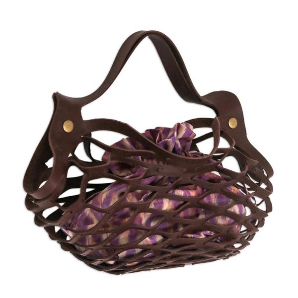 Alternate image for Unique Leather Shoulder Bag with Cotton Lining from Bali Deep Lavender Nest