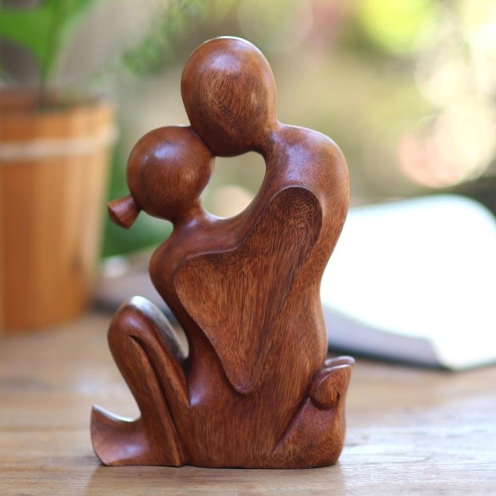 Hand Carved Romantic Suar Wood Statuette from Bali 'Love's Bond'