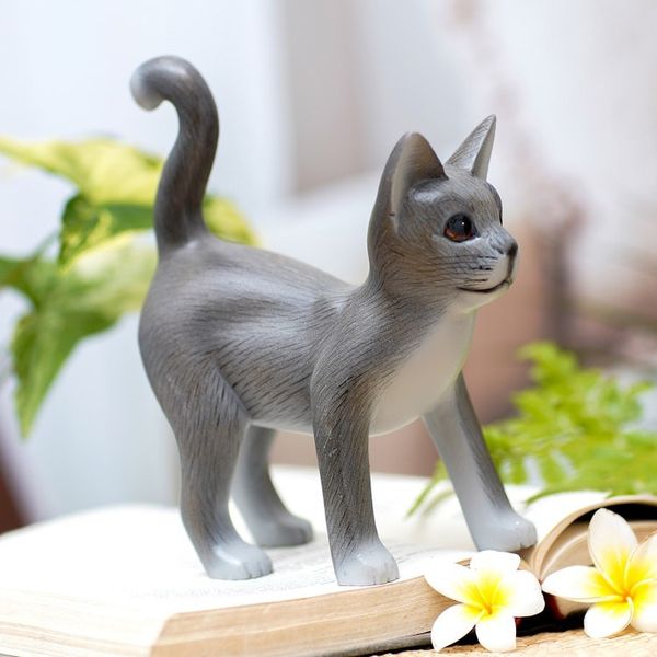 Alternate image for Standing Wood Kitten Figurine in Grey and White from Bali Curious Cat