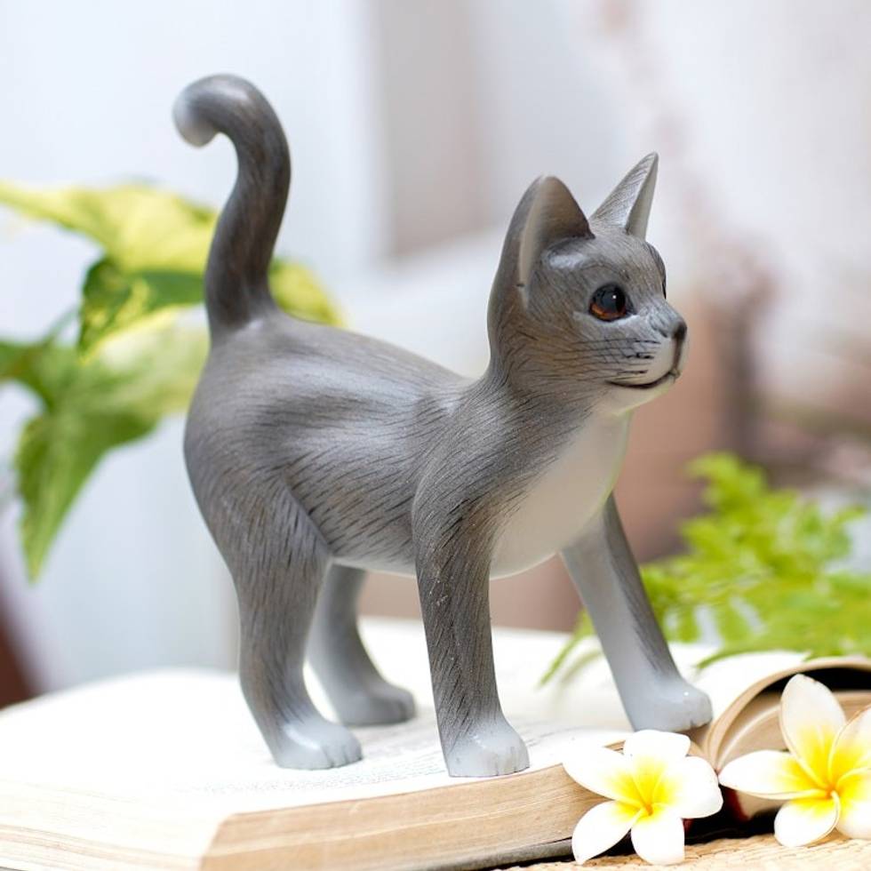 Standing Wood Kitten Figurine in Grey and White from Bali 'Curious Cat'