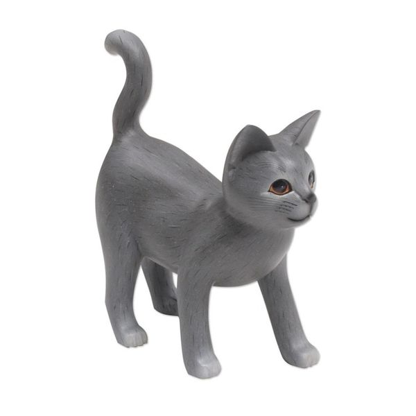 Alternate image for Standing Wood Kitten Figurine in Grey and White from Bali Curious Cat