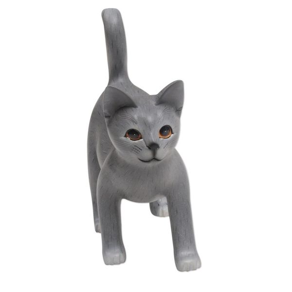 Alternate image for Standing Wood Kitten Figurine in Grey and White from Bali Curious Cat
