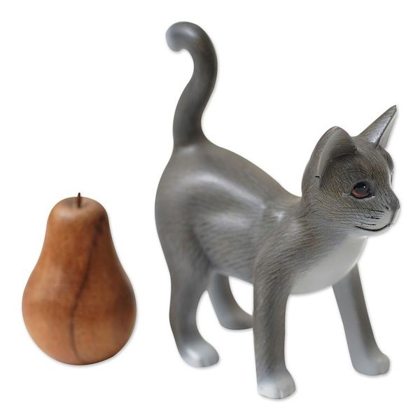 Alternate image for Standing Wood Kitten Figurine in Grey and White from Bali Curious Cat