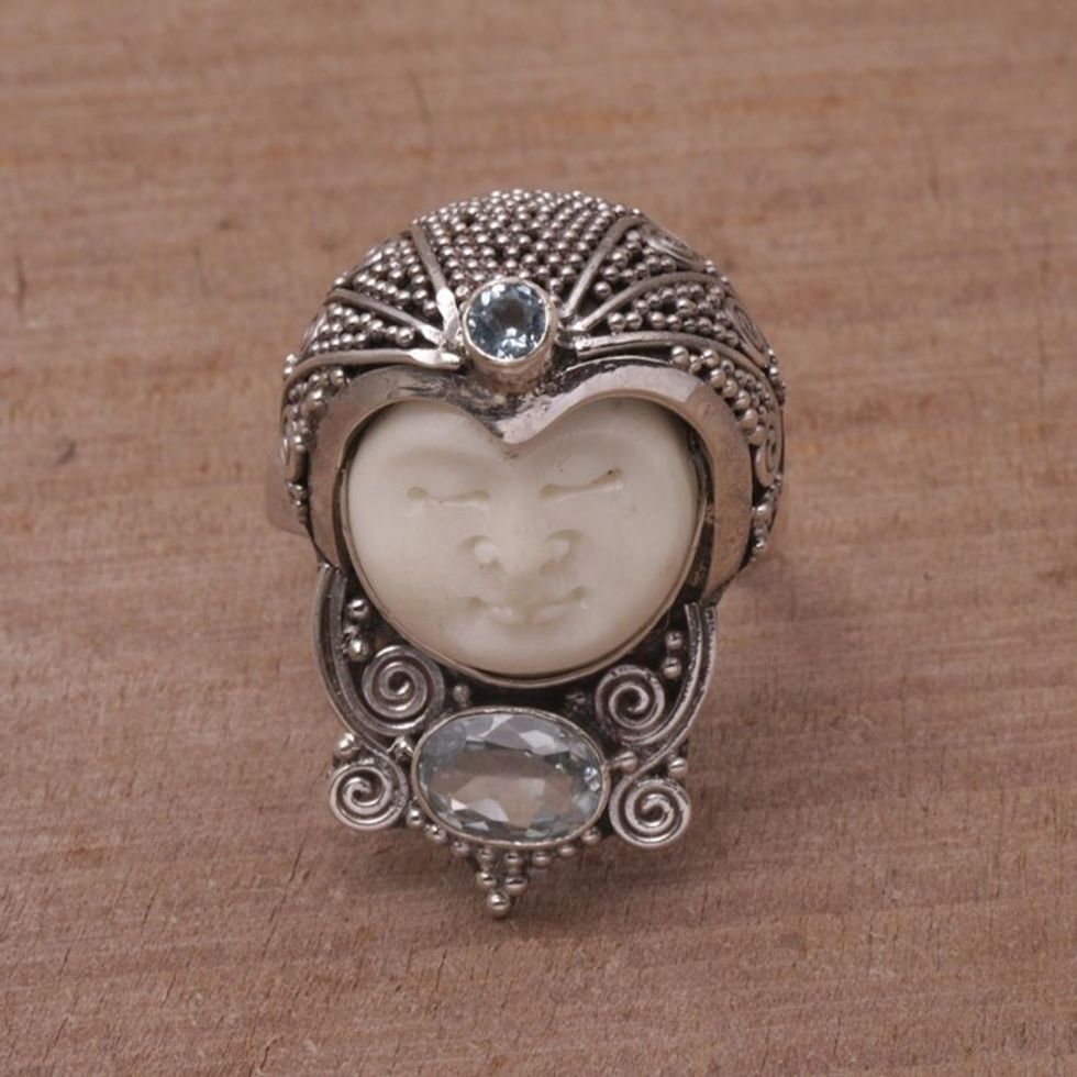 Blue Topaz and Carved Bone Sterling Silver Celuk Ring 'Celuk Prince'