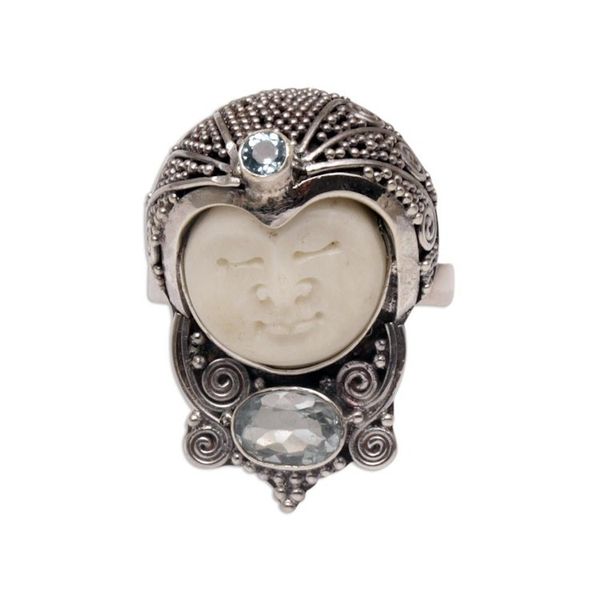 Alternate image for Blue Topaz and Carved Bone Sterling Silver Celuk Ring Celuk Prince
