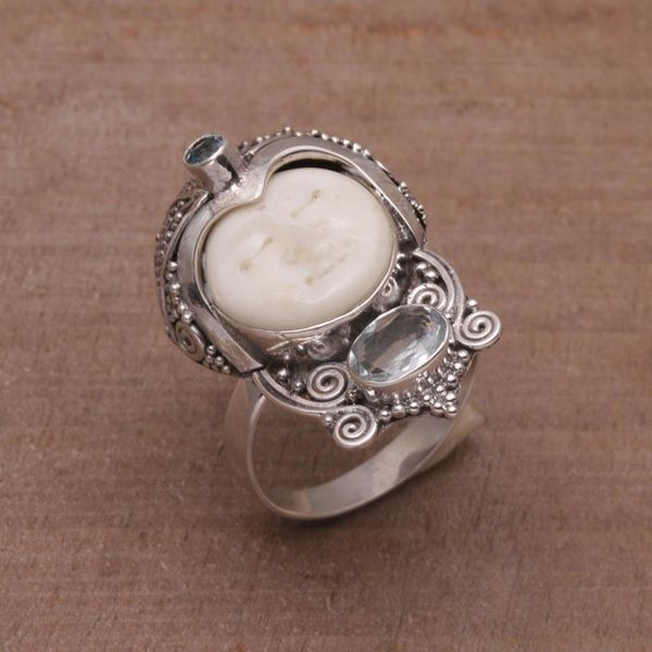 Alternate image for Blue Topaz and Carved Bone Sterling Silver Celuk Ring Celuk Prince