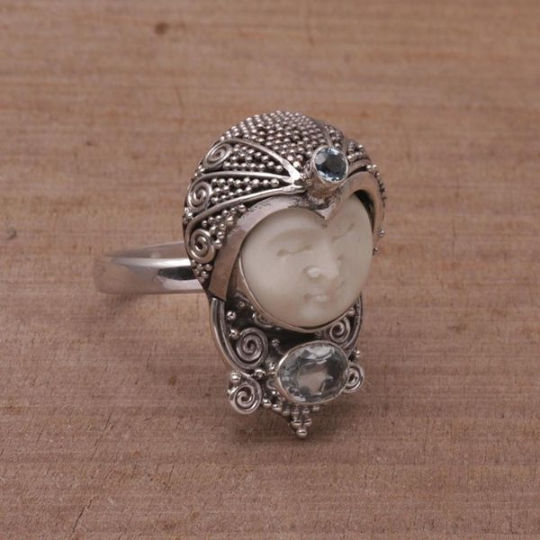 Alternate image for Blue Topaz and Carved Bone Sterling Silver Celuk Ring Celuk Prince