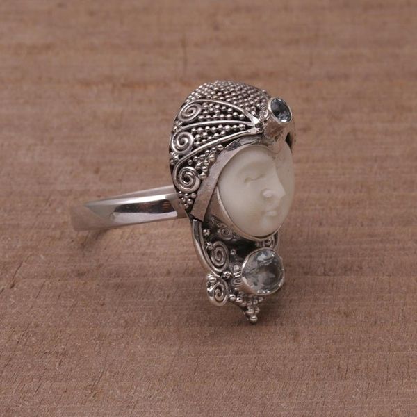 Alternate image for Blue Topaz and Carved Bone Sterling Silver Celuk Ring Celuk Prince