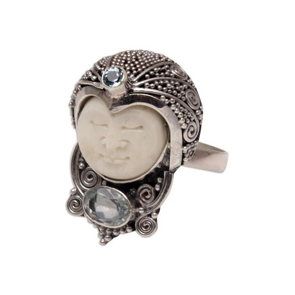 Alternate image for Blue Topaz and Carved Bone Sterling Silver Celuk Ring Celuk Prince