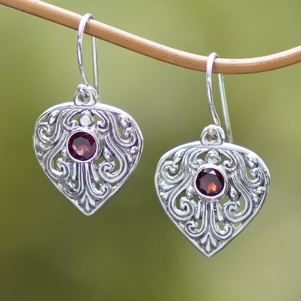 Handmade Sterling Silver and Garnet Dangle Earrings 'Crest of Vines'