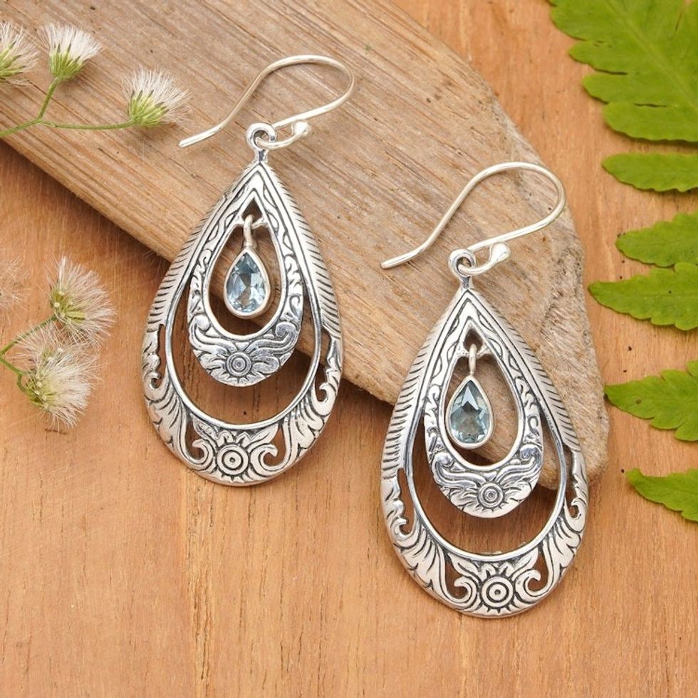 Artisan Handmade Blue Topaz 925 Sterling Silver Earrings 'Gift of Flowers in Blue'