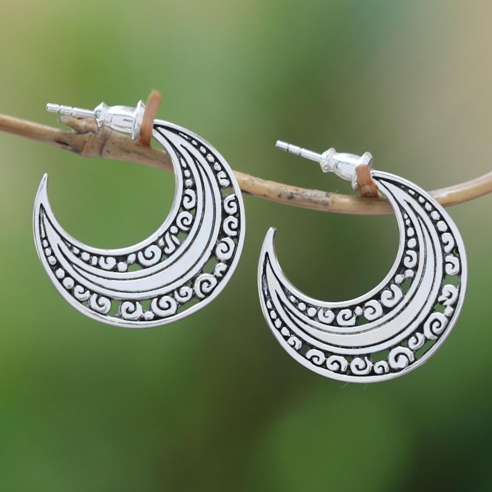 Sterling Silver Crescent Half-Hoop Earrings from Bali 'Curling Crescents'