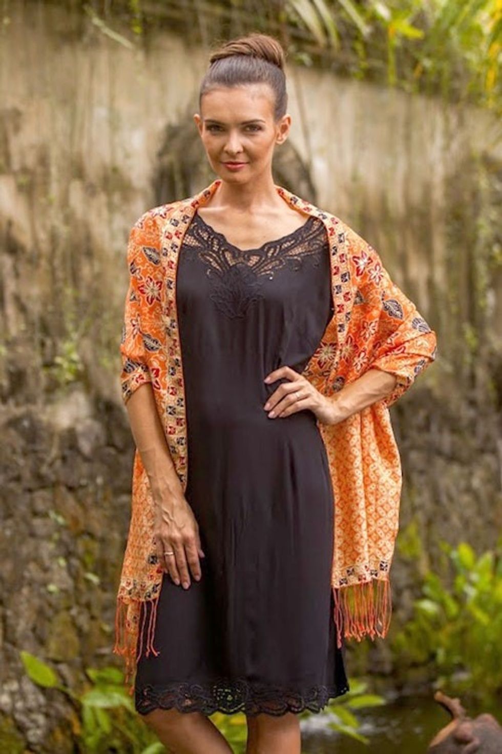 Batik Silk Shawl with Kawung Motifs in Sunrise from Bali 'Kawung Plains in Sunrise'