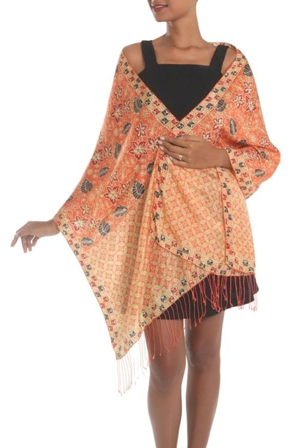 Alternate image for Batik Silk Shawl with Kawung Motifs in Sunrise from Bali Kawung Plains in Sunrise