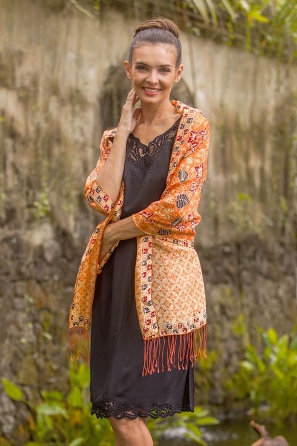Alternate image for Batik Silk Shawl with Kawung Motifs in Sunrise from Bali Kawung Plains in Sunrise
