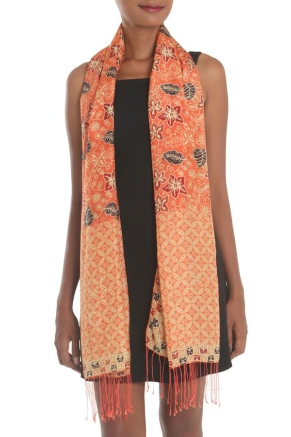 Alternate image for Batik Silk Shawl with Kawung Motifs in Sunrise from Bali Kawung Plains in Sunrise