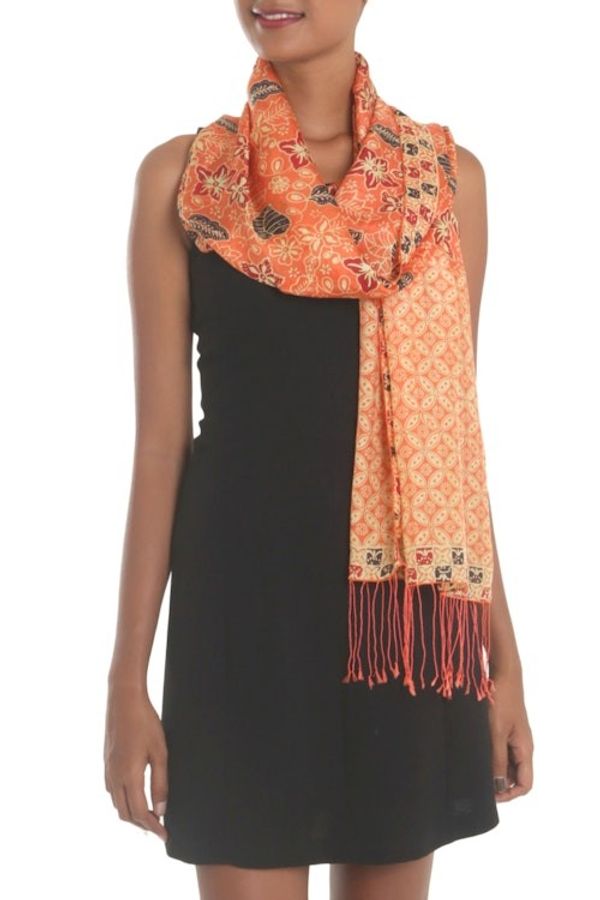 Alternate image for Batik Silk Shawl with Kawung Motifs in Sunrise from Bali Kawung Plains in Sunrise