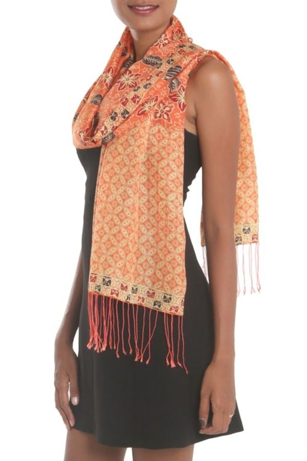Alternate image for Batik Silk Shawl with Kawung Motifs in Sunrise from Bali Kawung Plains in Sunrise