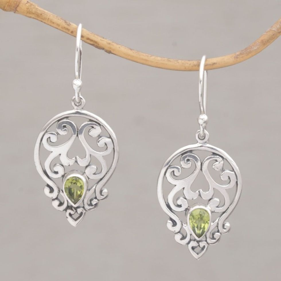 Handmade 925 Sterling Silver Green Peridot Dangle Earrings 'Dialogue in Green'