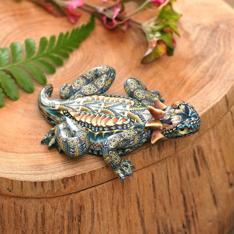 Handcrafted Polymer Clay Lizard Sculpture 3.5 Inch 'Horned Lizard'