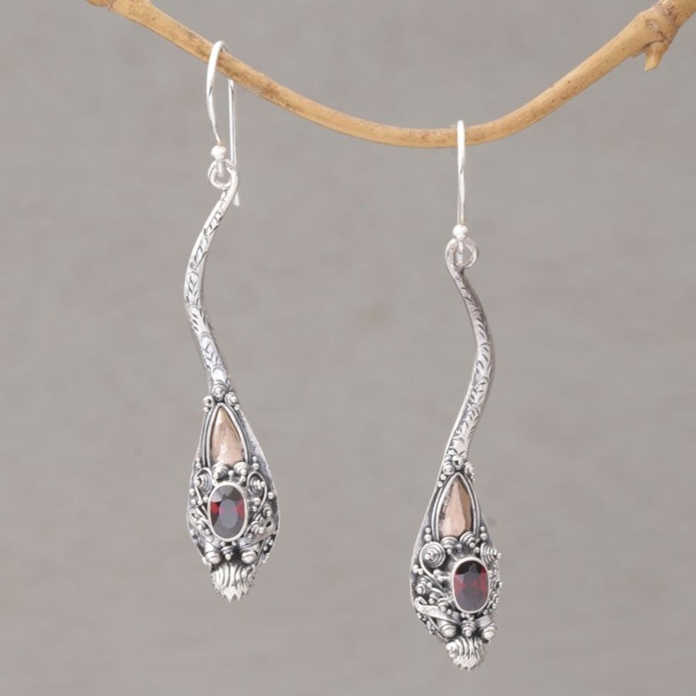 Garnet and Sterling Silver Dragon Earrings with Gold Accent 'Dragon Queen'