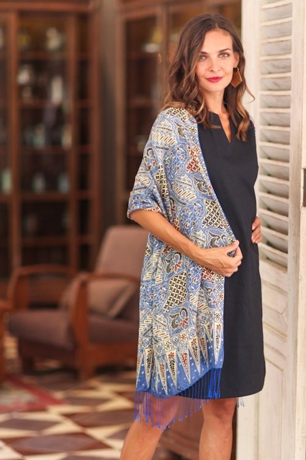 Alternate image for Batik Silk Shawl with Traditional Motifs in Iris from Bali Iris Sekar Jagad