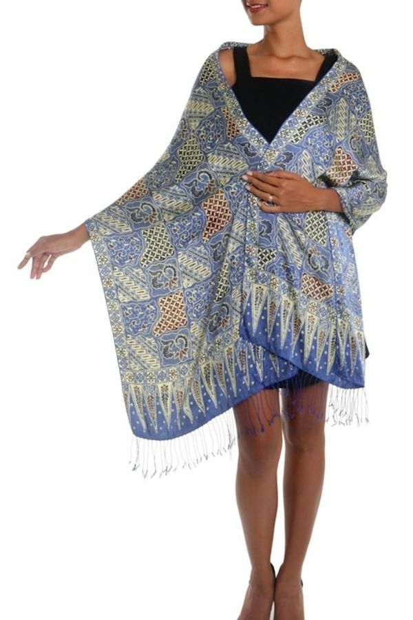 Alternate image for Batik Silk Shawl with Traditional Motifs in Iris from Bali Iris Sekar Jagad