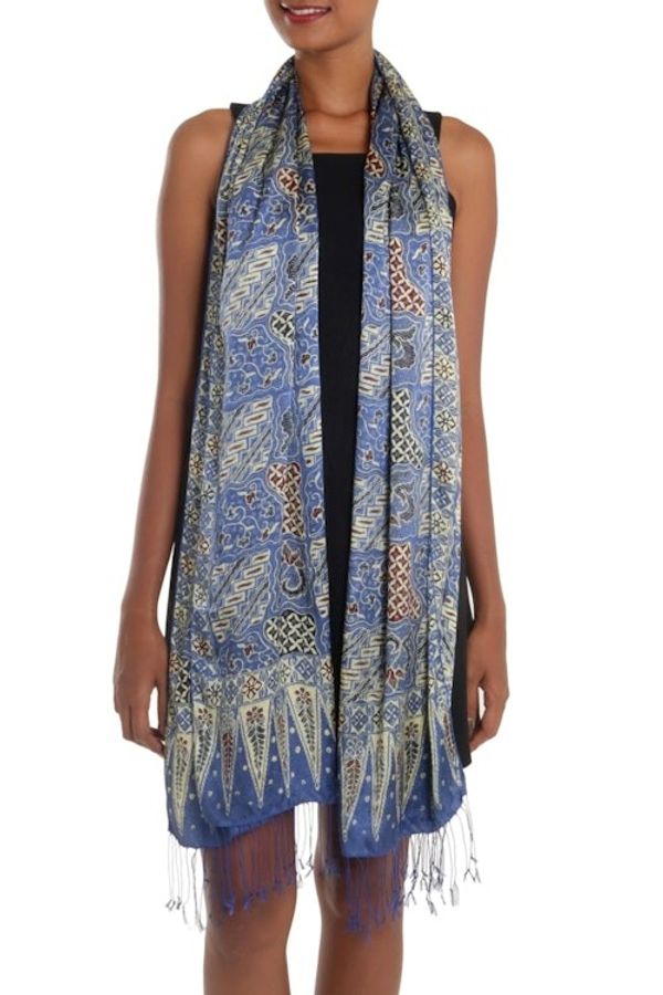 Alternate image for Batik Silk Shawl with Traditional Motifs in Iris from Bali Iris Sekar Jagad
