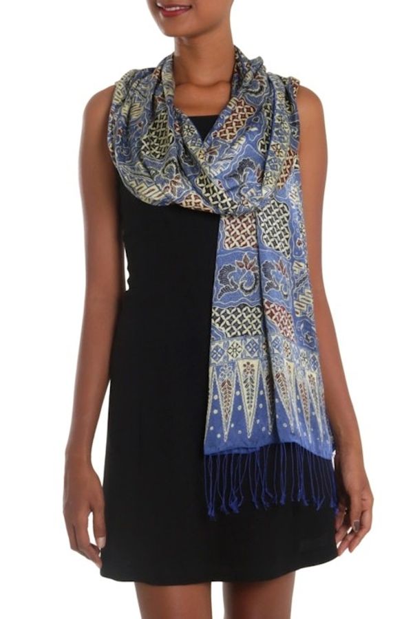 Alternate image for Batik Silk Shawl with Traditional Motifs in Iris from Bali Iris Sekar Jagad