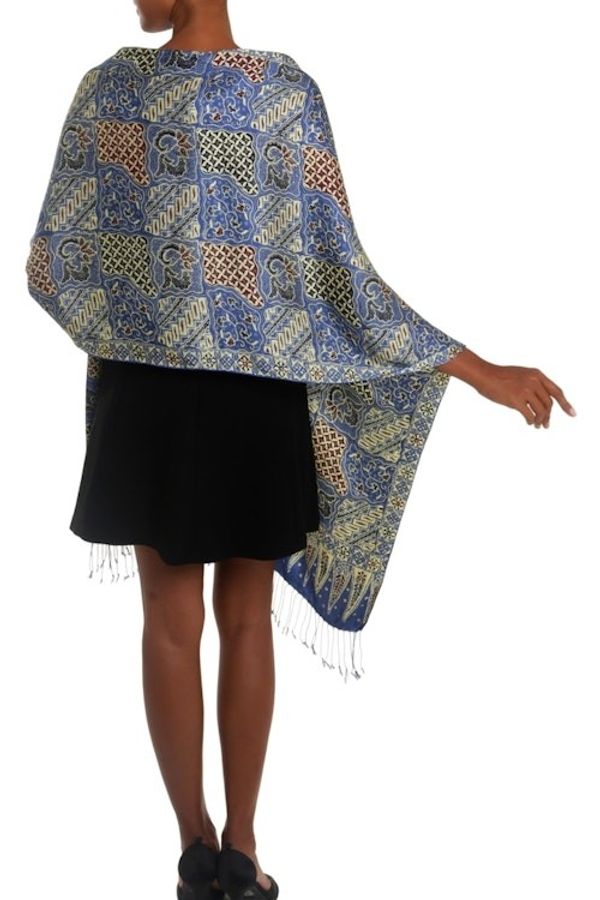 Alternate image for Batik Silk Shawl with Traditional Motifs in Iris from Bali Iris Sekar Jagad