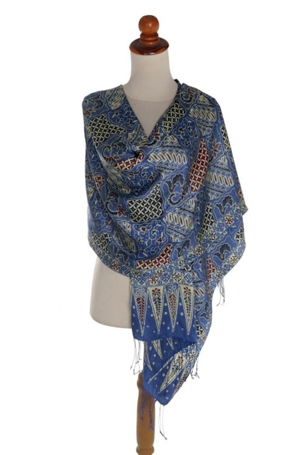 Alternate image for Batik Silk Shawl with Traditional Motifs in Iris from Bali Iris Sekar Jagad