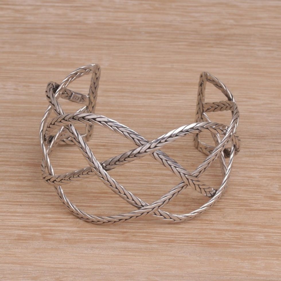 Sterling Silver Handcrafted Cuff Bracelet with Braided Motif 'Woven Road'