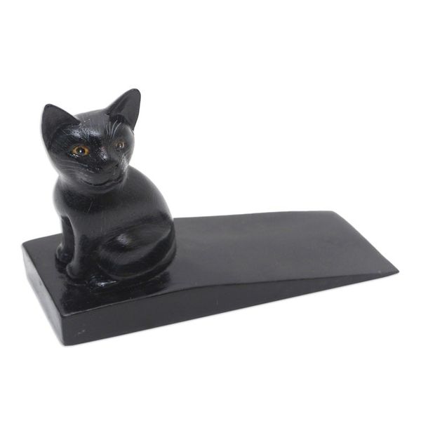 Alternate image for Handcrafted Suar Wood Cat Doorstop in Black from Bali Helpful Kitten in Black