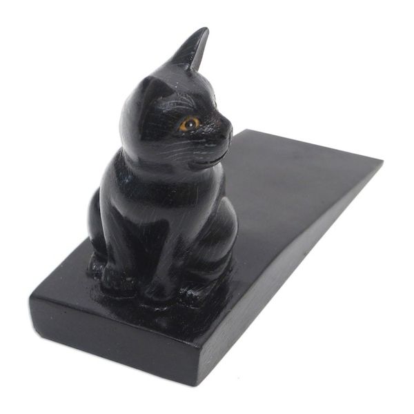 Alternate image for Handcrafted Suar Wood Cat Doorstop in Black from Bali Helpful Kitten in Black
