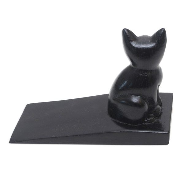 Alternate image for Handcrafted Suar Wood Cat Doorstop in Black from Bali Helpful Kitten in Black