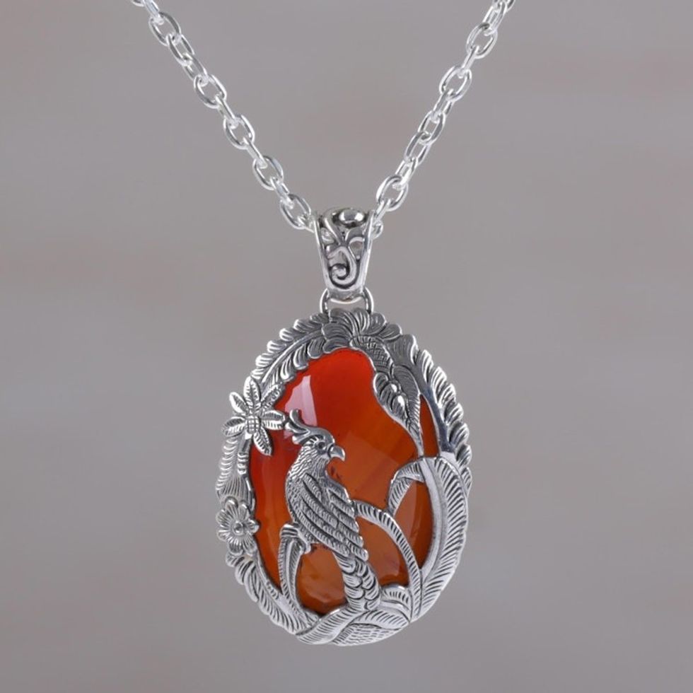 Carnelian and Sterling Silver Cockatoo Necklace from Bali 'Cockatoo Garden'