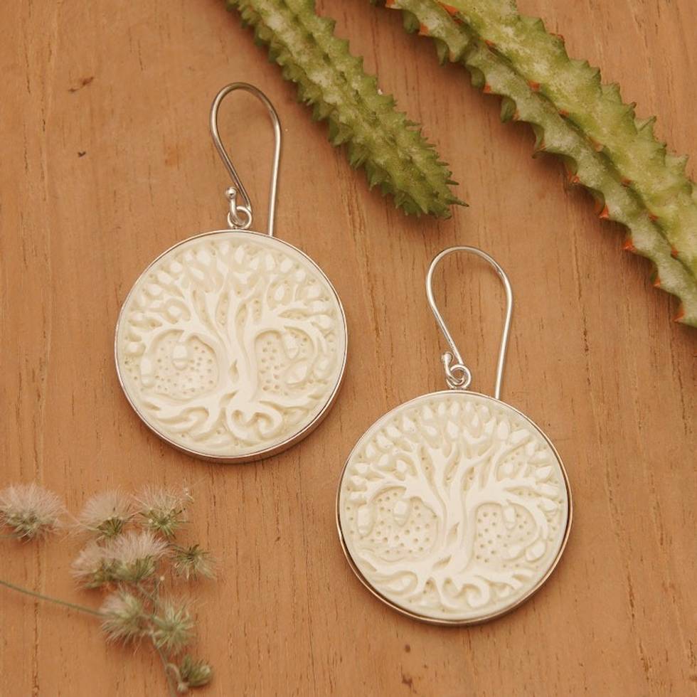 Handcrafted Bone Tree Dangle Earrings from Bali 'Halo Trees'