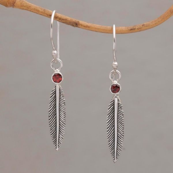 Alternate image for Garnet Feather-Shaped Dangle Earrings from Bali Phoenix Feathers