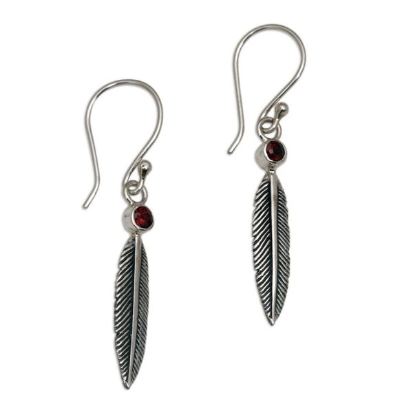 Alternate image for Garnet Feather-Shaped Dangle Earrings from Bali Phoenix Feathers