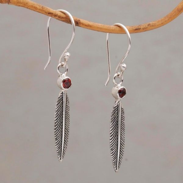 Alternate image for Garnet Feather-Shaped Dangle Earrings from Bali Phoenix Feathers