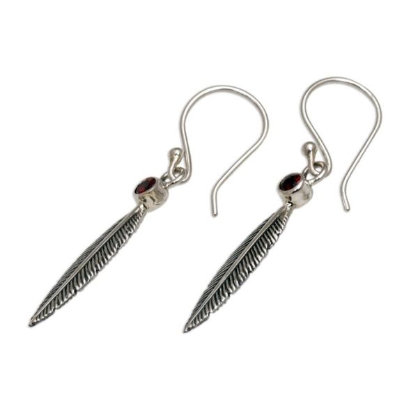 Alternate image for Garnet Feather-Shaped Dangle Earrings from Bali Phoenix Feathers